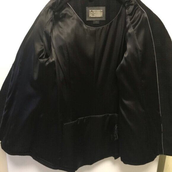 MACKAGE Plaid Check Bell Sleeves Wool Coat Jacket Leather Pockets Lined Collar L - Picture 10 of 13